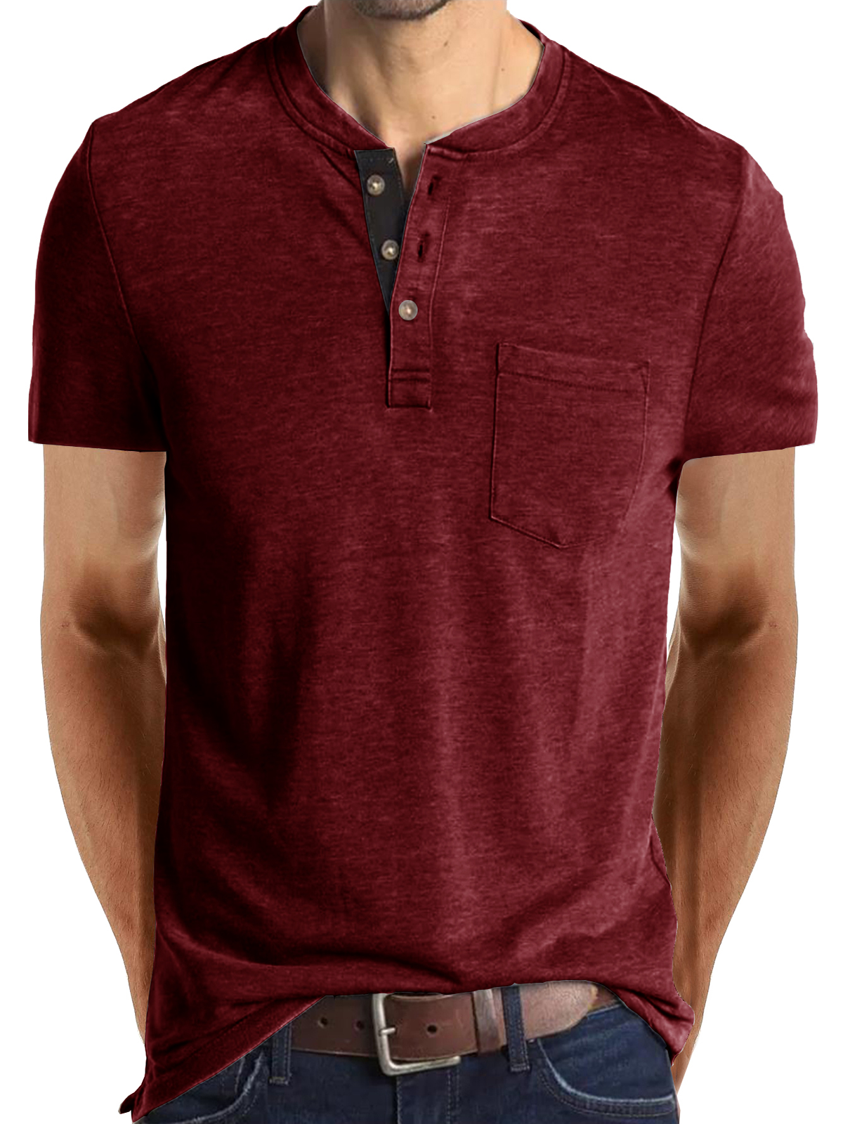 T-shirt décontracté à manches courtes en coton à col Henley pour hommes, couleur unie