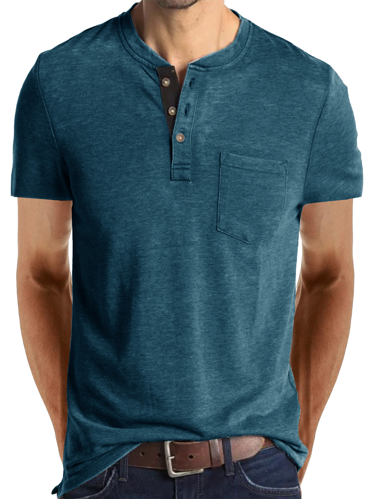 T-shirt décontracté à manches courtes en coton à col Henley pour hommes, couleur unie