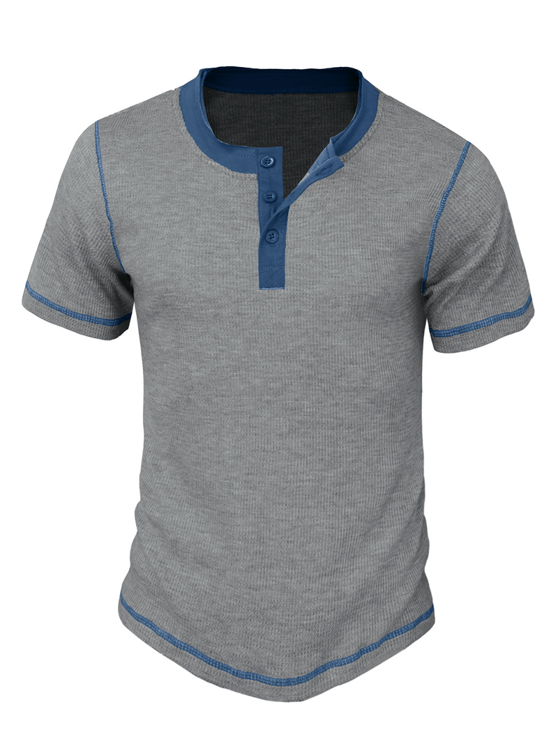 T-shirt à manches courtes décontracté à col Henley de couleur unie pour hommes
