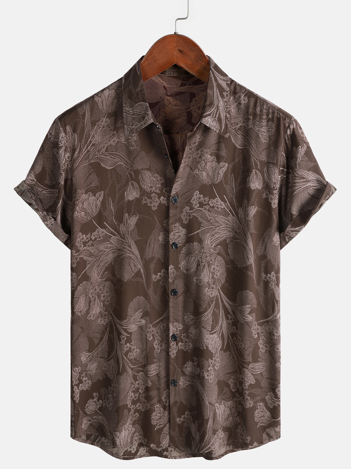 Chemise Rétro Homme Marron Imprimé Fleuri Rayonne Casual