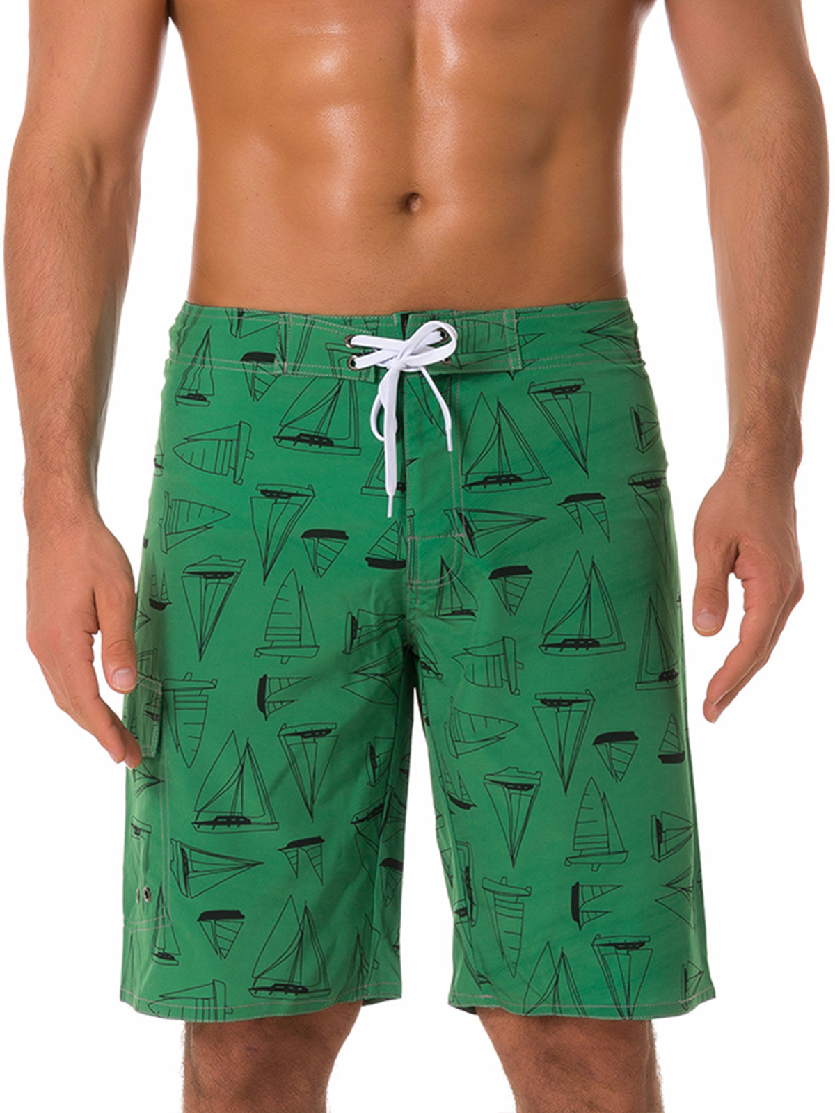 Short hawaïen vert décontracté pour hommes, voilier, taille plate, short de plage d'été