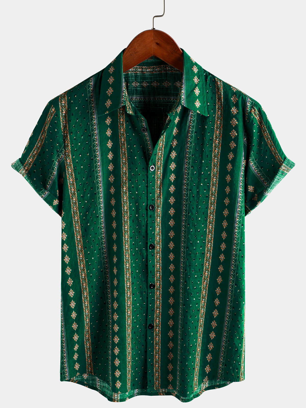 Chemise à manches courtes vintage à rayures vertes rétro pour hommes boutonnée des années 70