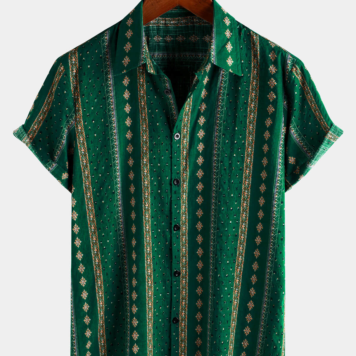 Chemise à manches courtes vintage à rayures vertes rétro pour hommes boutonnée des années 70