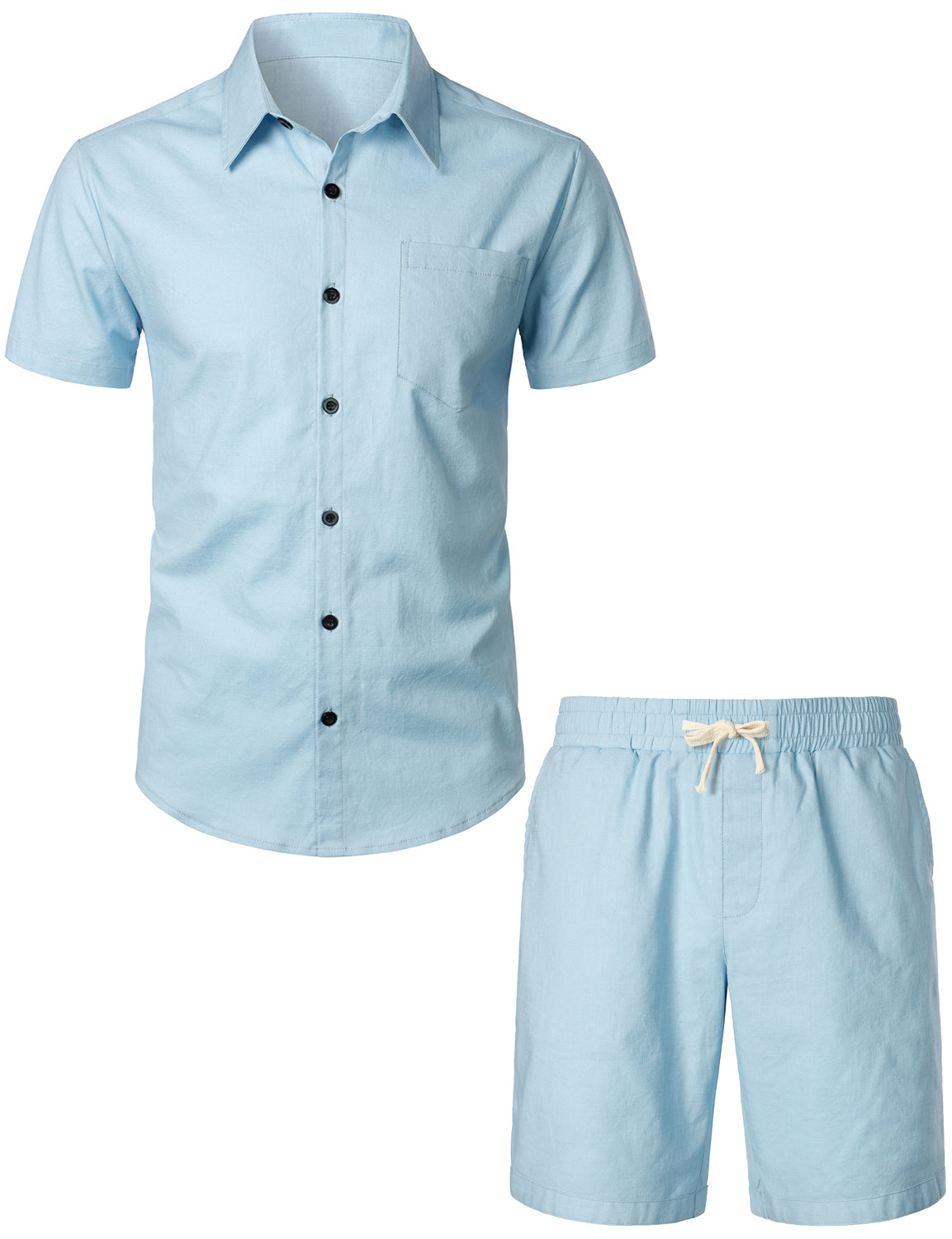 Ensemble chemise et short à manches courtes et short en lin et coton pour hommes, couleur unie, bleu marine
