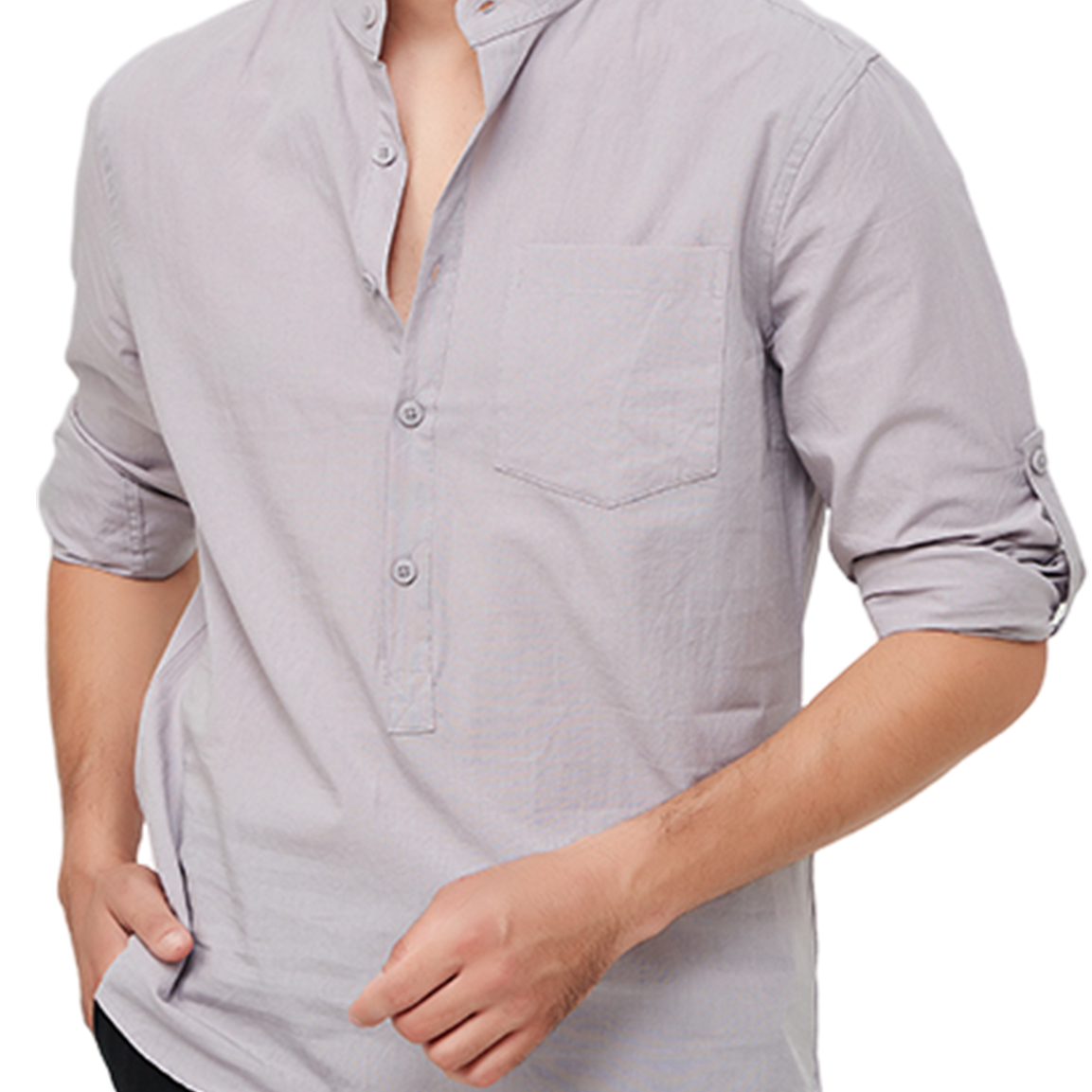 Chemise décontractée à manches longues et col Henley en coton pour hommes, couleur unie, avec poches