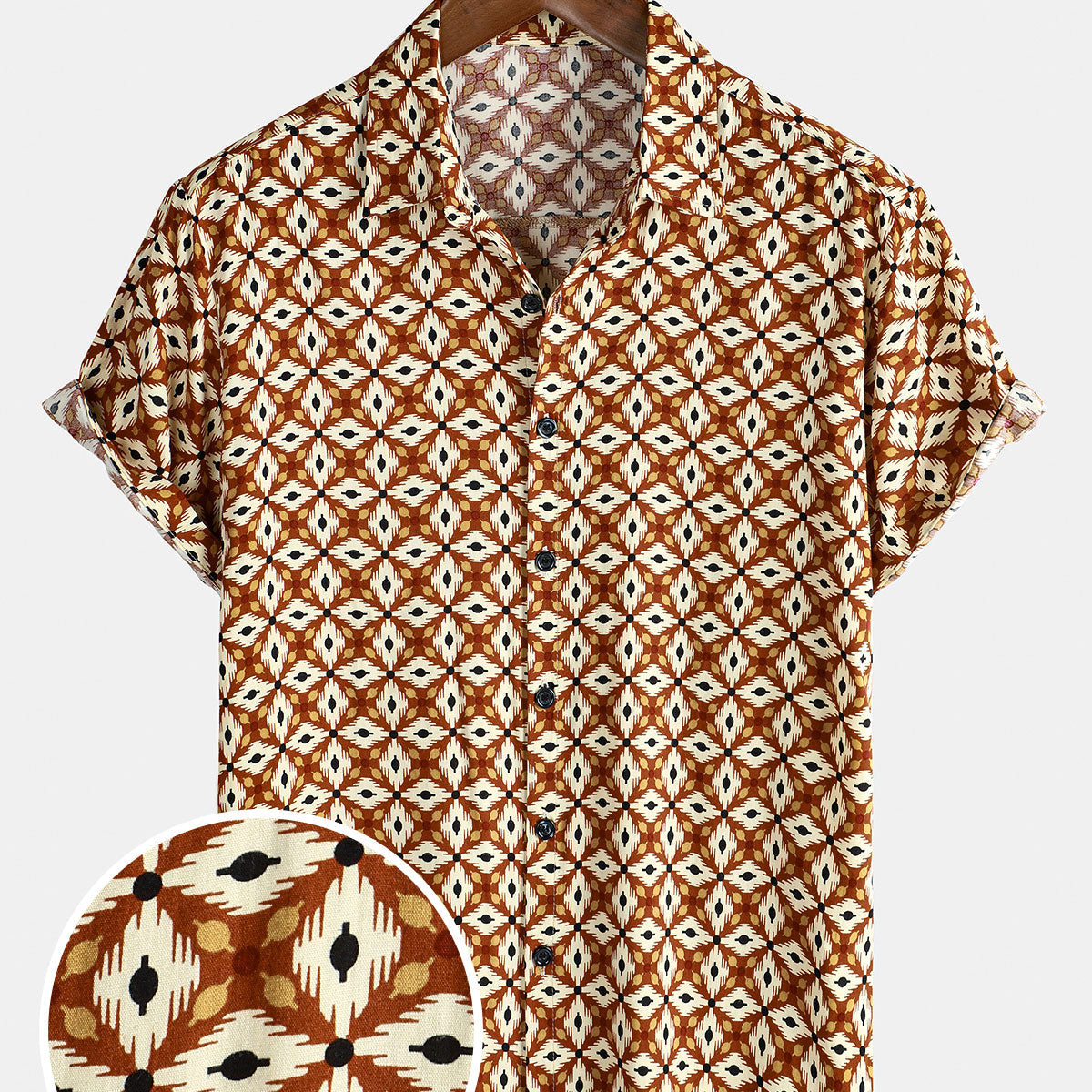 Chemise à manches courtes pour hommes, style géométrique vintage des années 70, boutonnée, vacances, plage