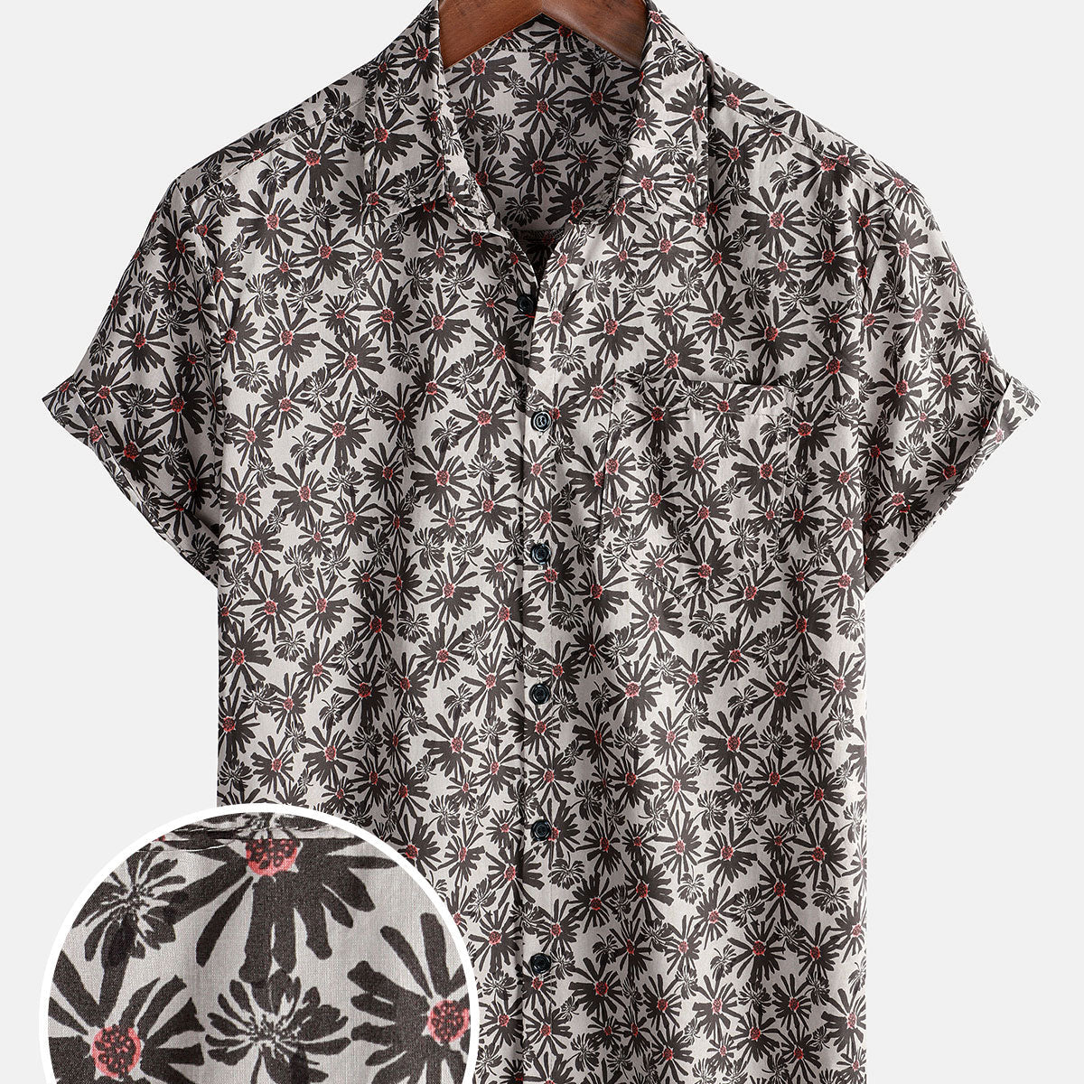Chemise en coton boutonnée à manches courtes et poche florale pour hommes
