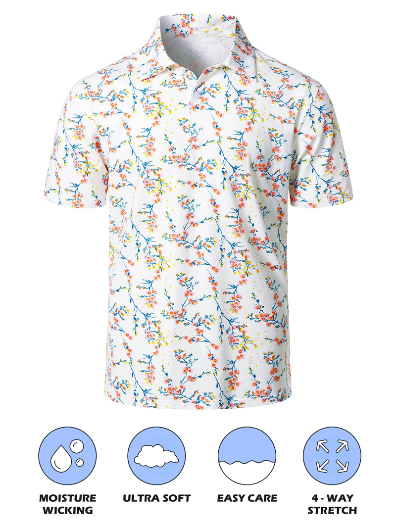 Polo de sport à manches courtes en coton blanc à imprimé floral pour hommes