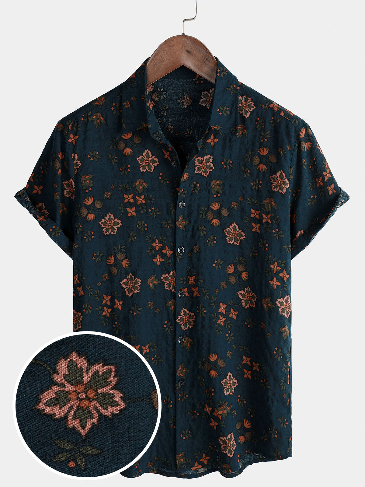 Chemise en coton à manches courtes boutonnée bleu marine à fleurs d'été pour hommes