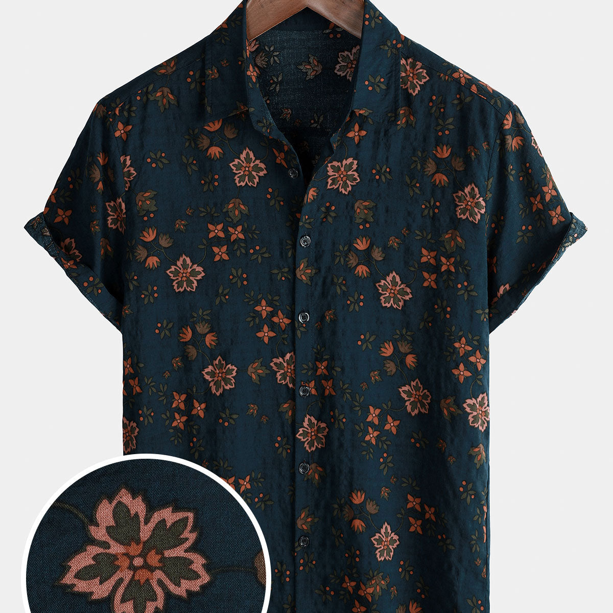 Chemise en coton à manches courtes boutonnée bleu marine à fleurs d'été pour hommes