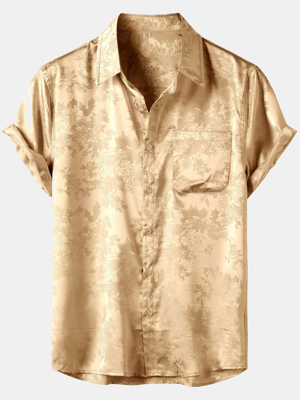 Chemise à manches courtes en satin de soie à poches et jacquard floral pour homme