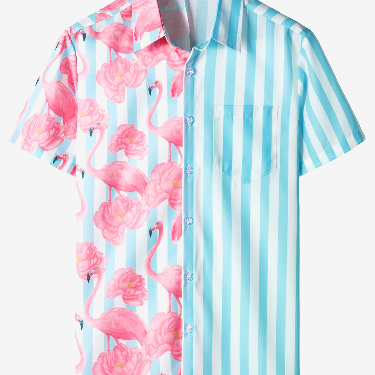 Chemise hawaïenne à manches courtes pour homme à rayures bleues et blanches à imprimé flamant rose et plage d'été