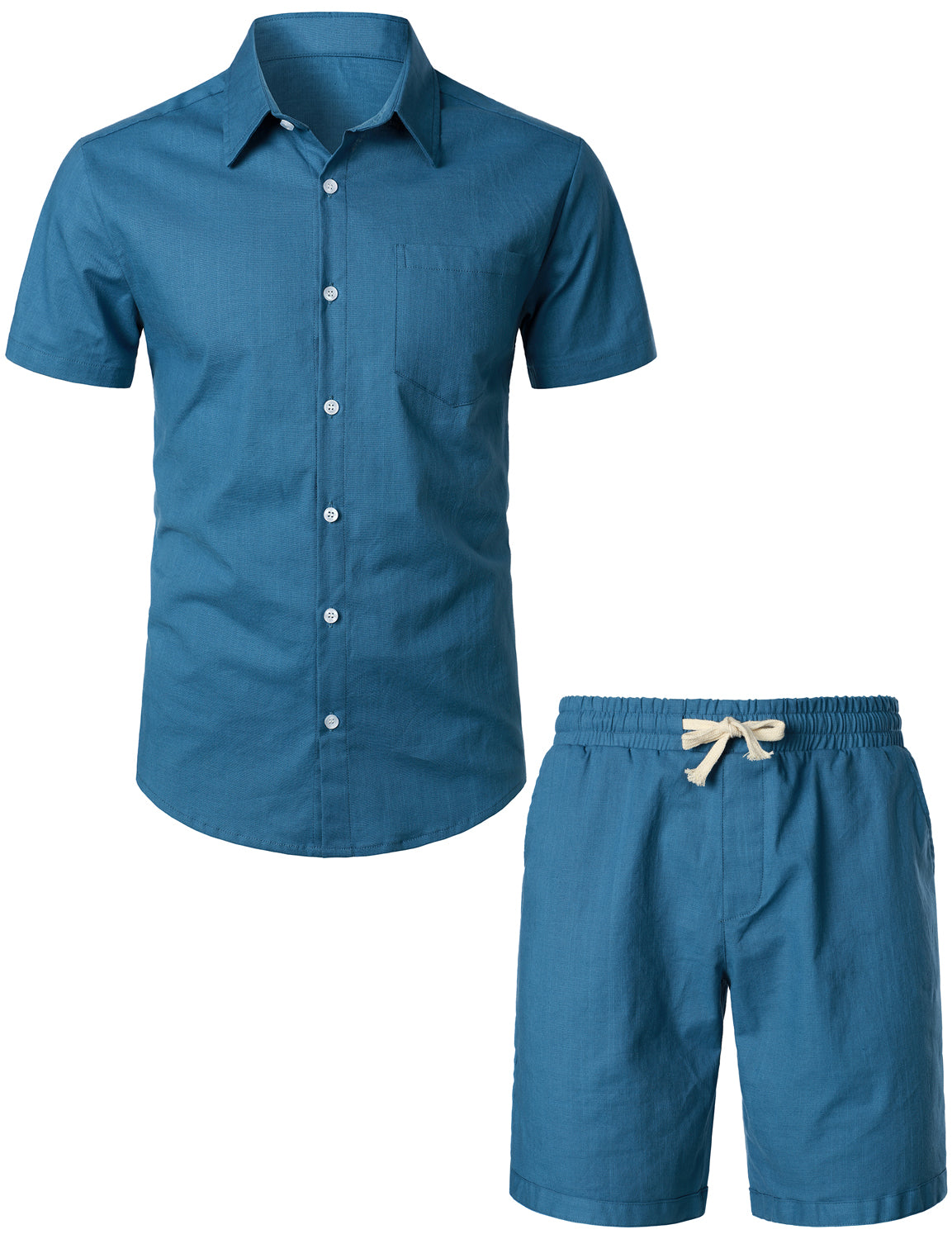 Ensemble chemise et short à manches courtes et short en lin et coton pour hommes, couleur unie, bleu marine