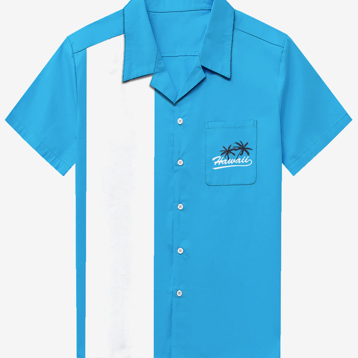 Chemise à manches courtes bleue pour homme 50's Vintage Camp Cotton Pocket Bowling Hawaii Coconut Tree