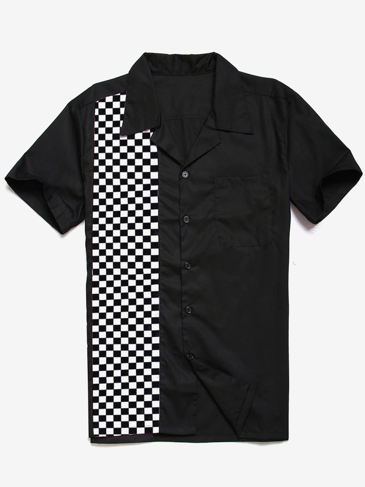 Chemise à manches courtes avec drapeau à damier noir et blanc Camp 50's Cotton Pocket Bowling pour homme