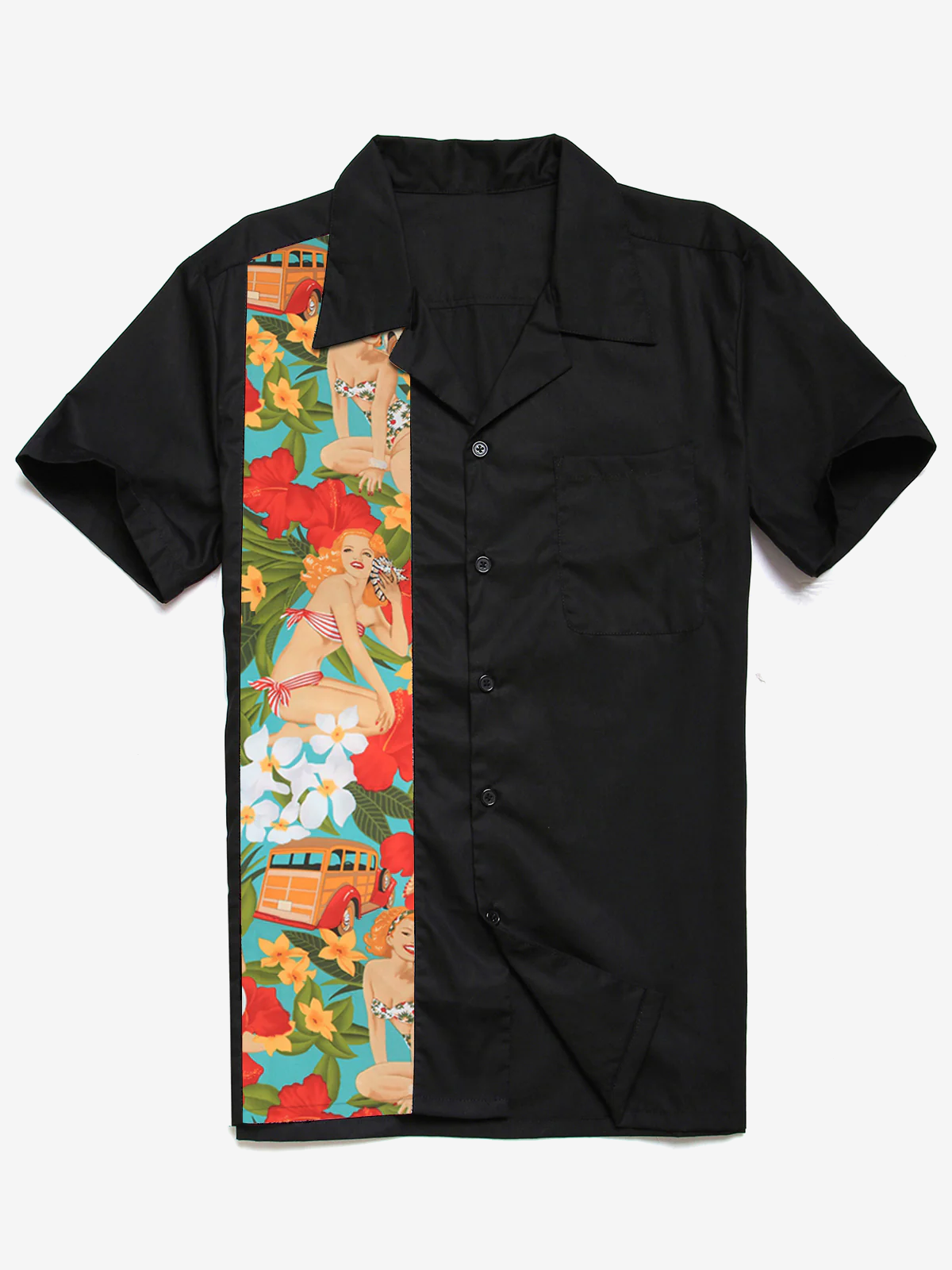 Chemise à manches courtes en coton Vintage Pocket Summer Bowling Beach pour hommes