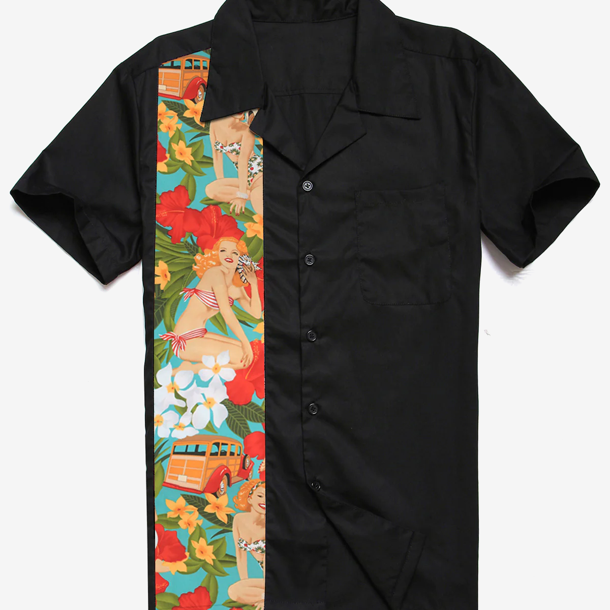 Chemise à manches courtes en coton Vintage Pocket Summer Bowling Beach pour hommes