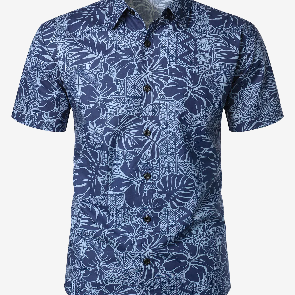 Chemise d'été boutonnée à manches courtes pour homme, bleu marine, imprimé hibiscus à fleurs hawaïennes