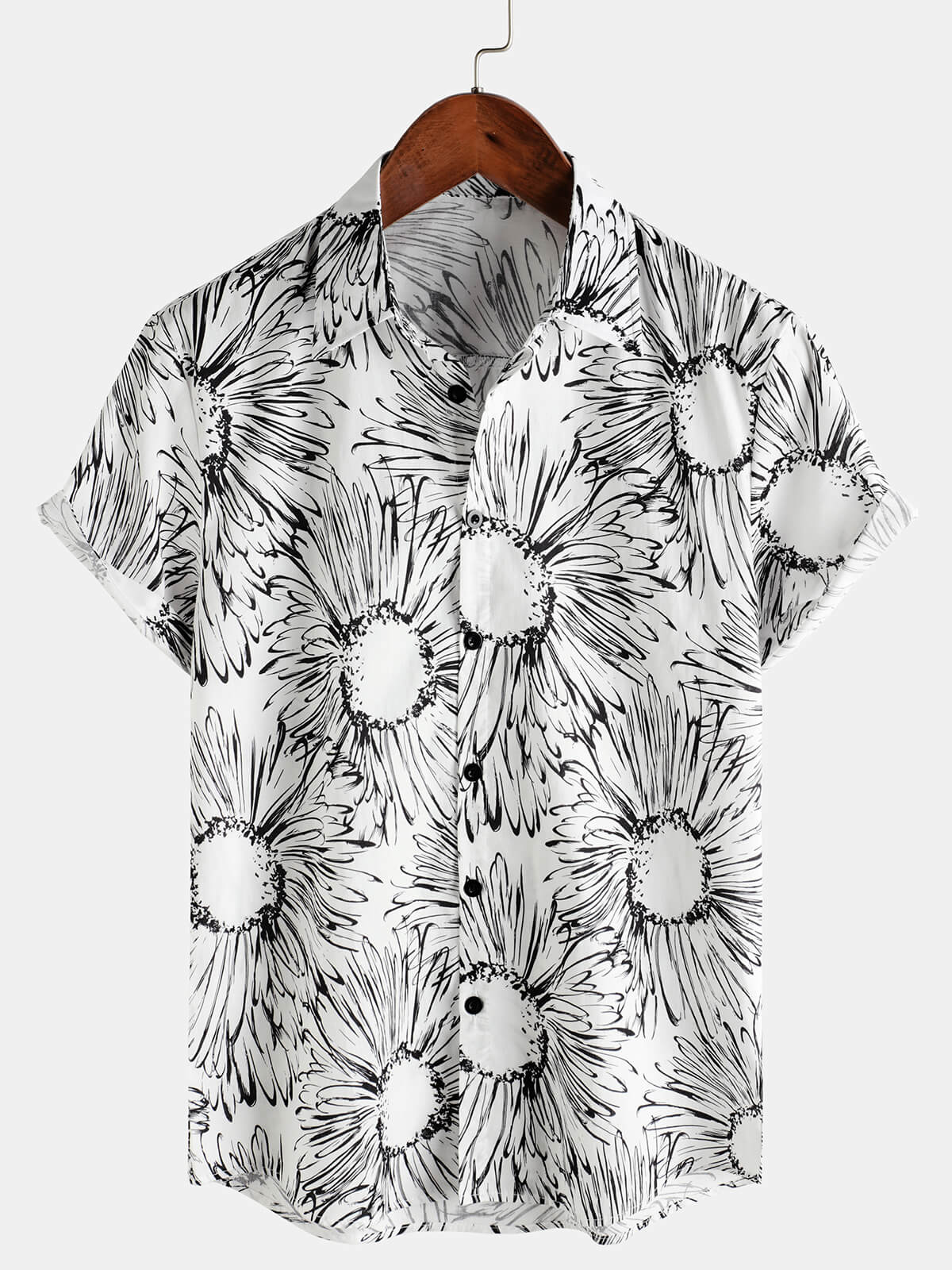 Chemise hawaïenne boutonnée à manches courtes en coton imprimé tournesol pour homme