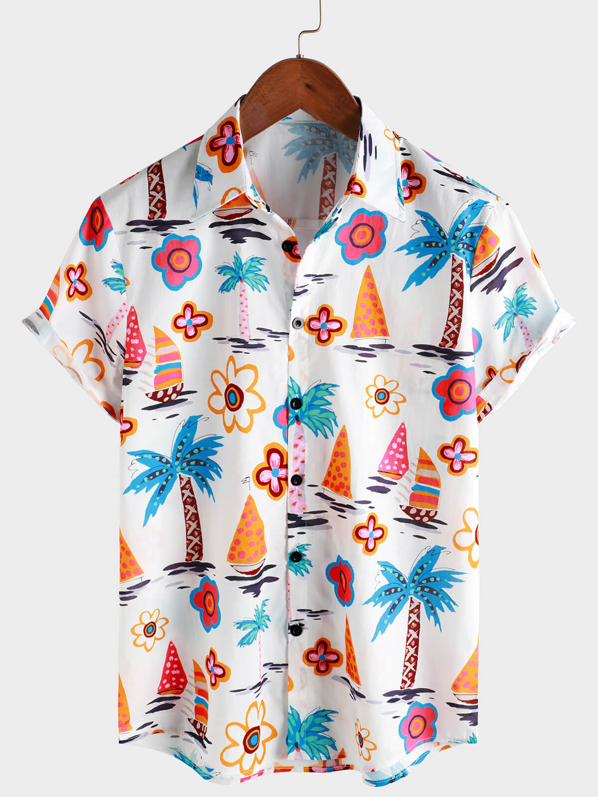 Chemise hawaïenne boutonnée à manches courtes en coton à imprimé tropical pour homme