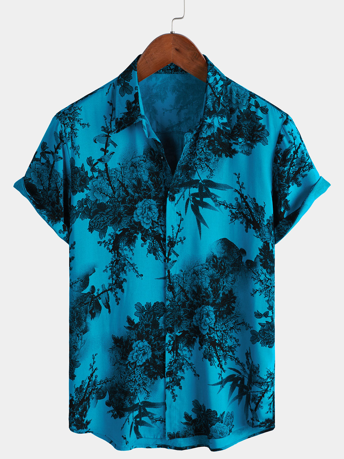 Chemise hawaïenne à manches courtes pour homme, motif floral, bleu, style rétro, respirante