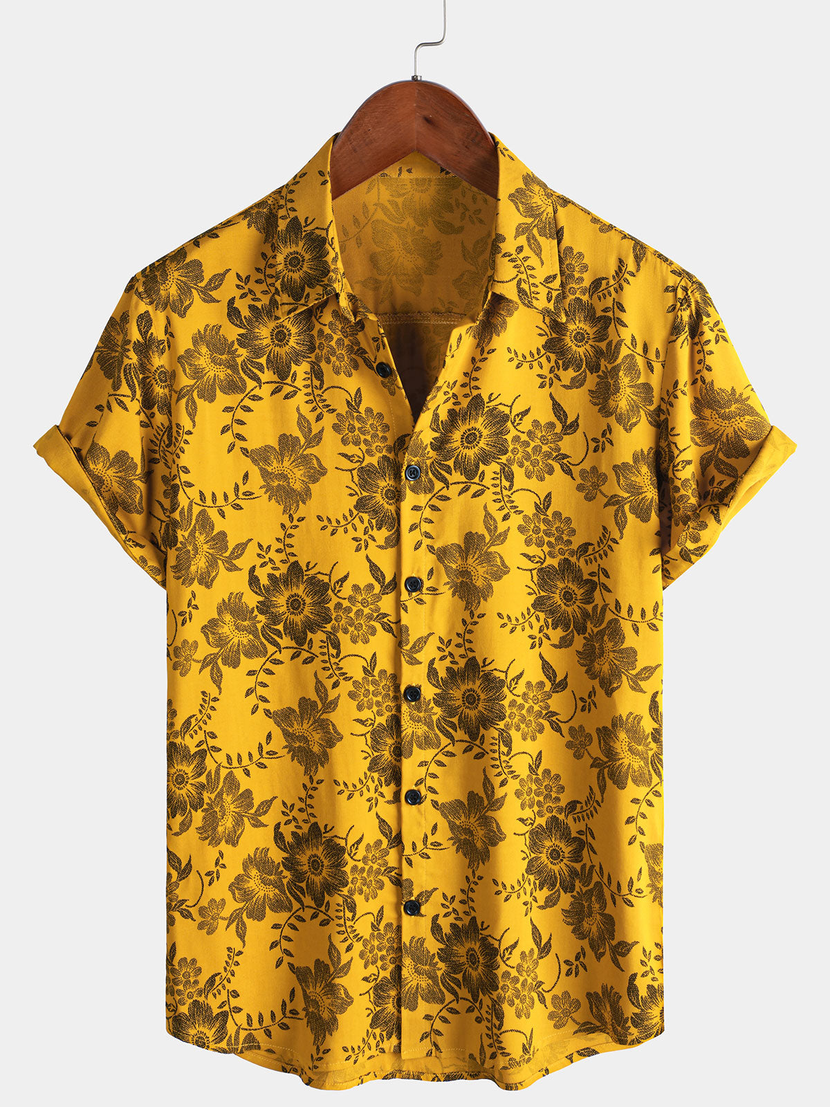Chemise hawaïenne à manches courtes jaune à imprimé floral vintage pour homme