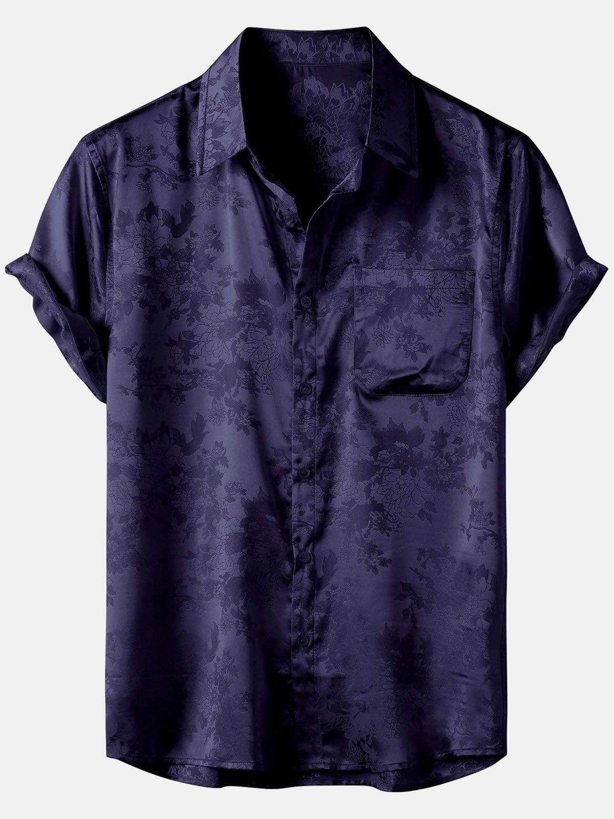 Chemise à manches courtes en satin de soie à poches et jacquard floral pour homme