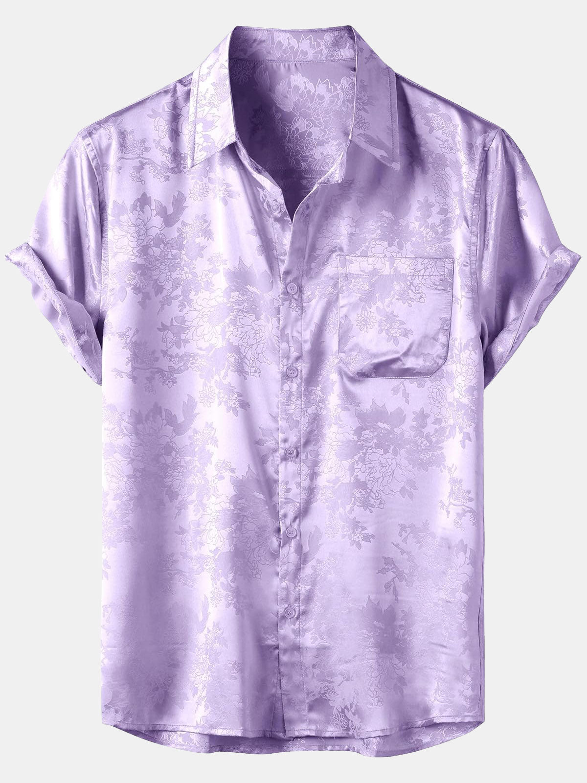 Chemise à manches courtes en satin de soie à poches et jacquard floral pour homme