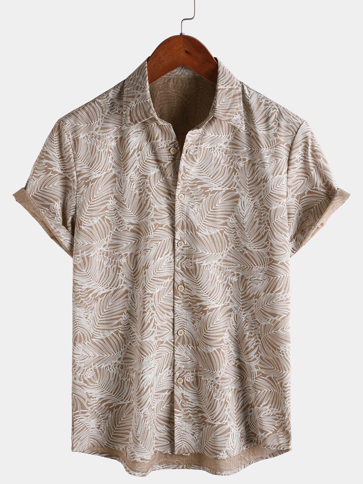 Chemise hawaïenne d'été à manches courtes pour homme, motif feuilles tropicales kaki