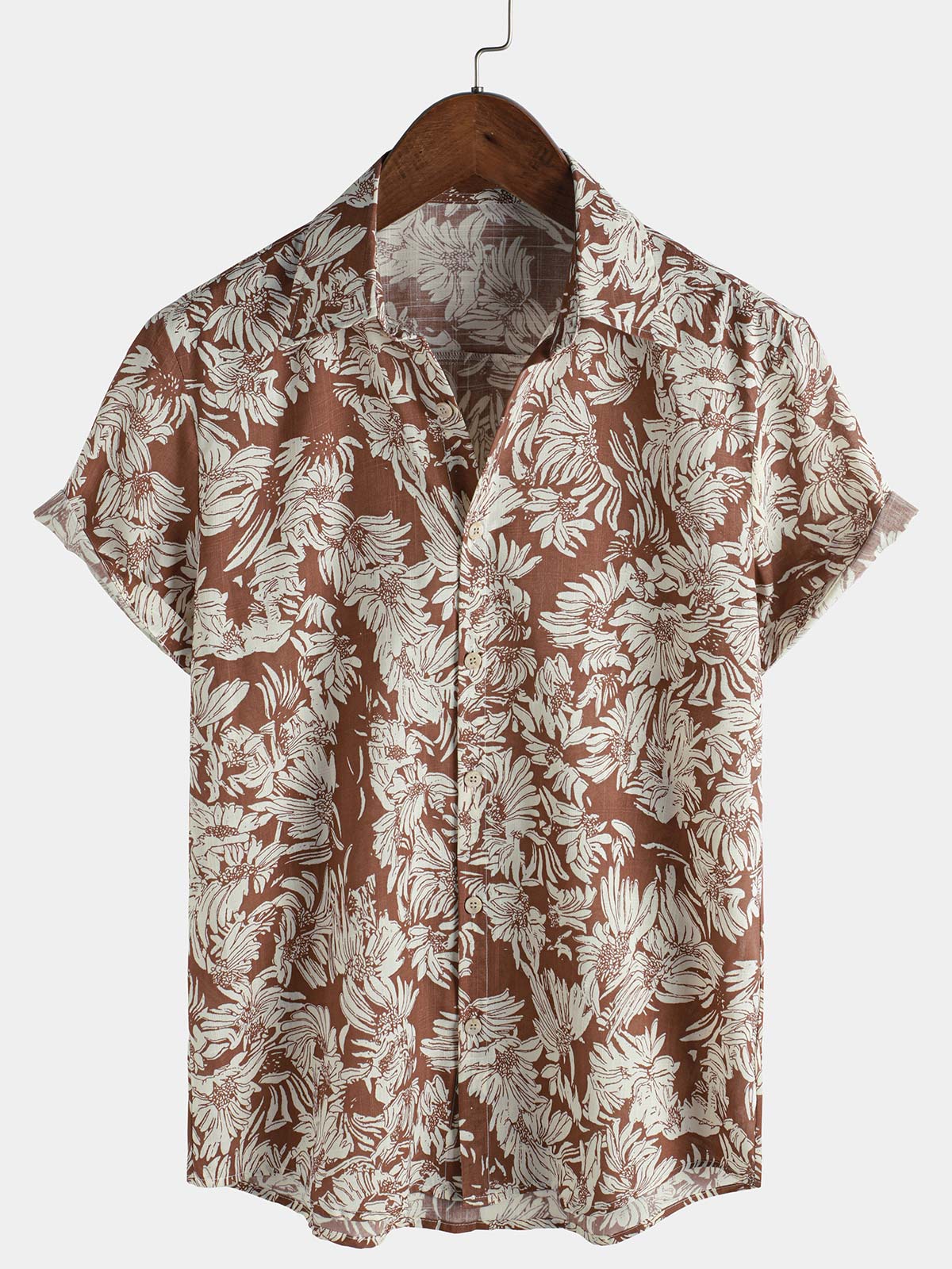 Chemise boutonnée d'été à manches courtes et motif floral marron pour homme