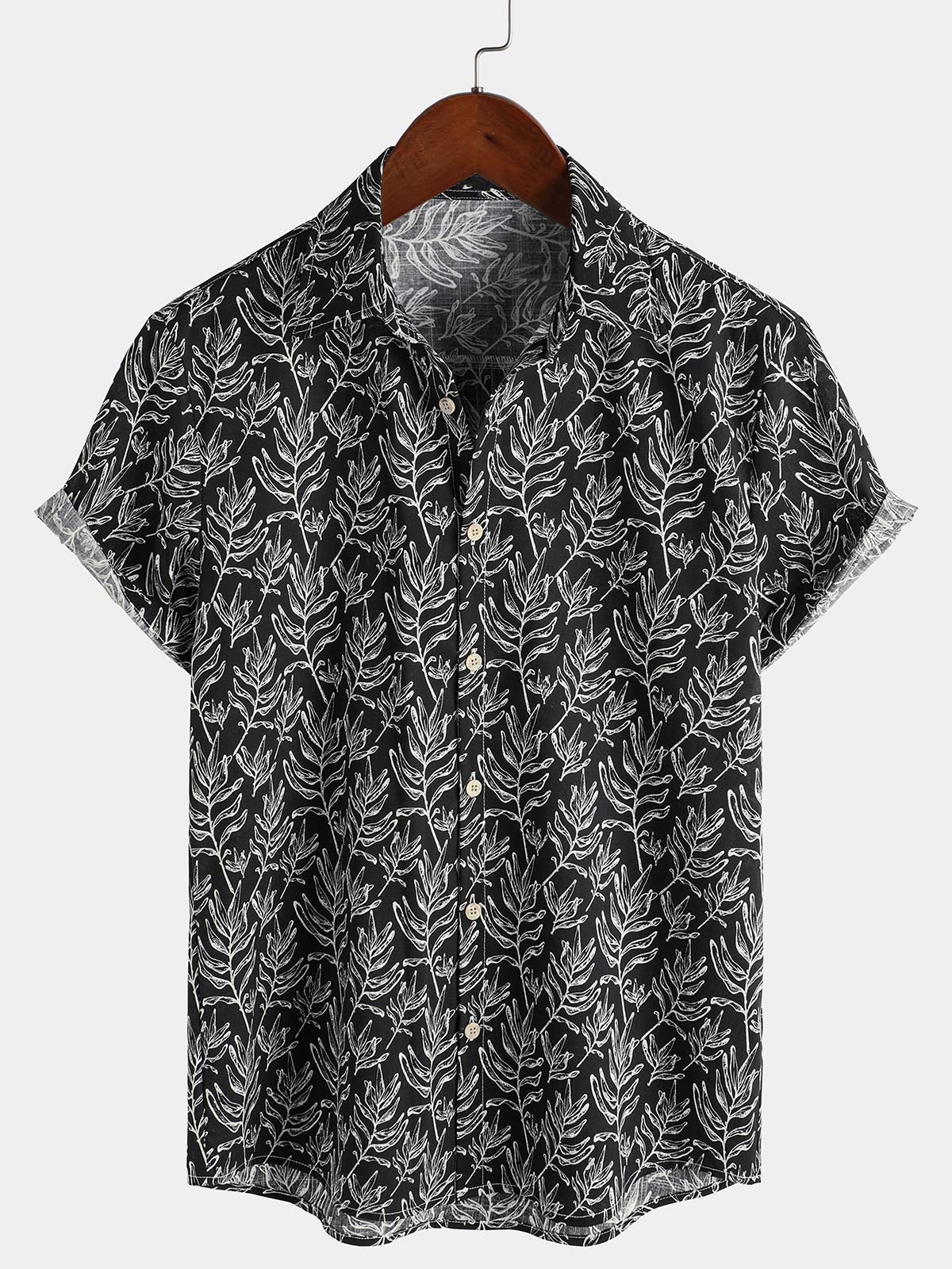 Chemise d'été boutonnée à manches courtes noire tropicale pour homme