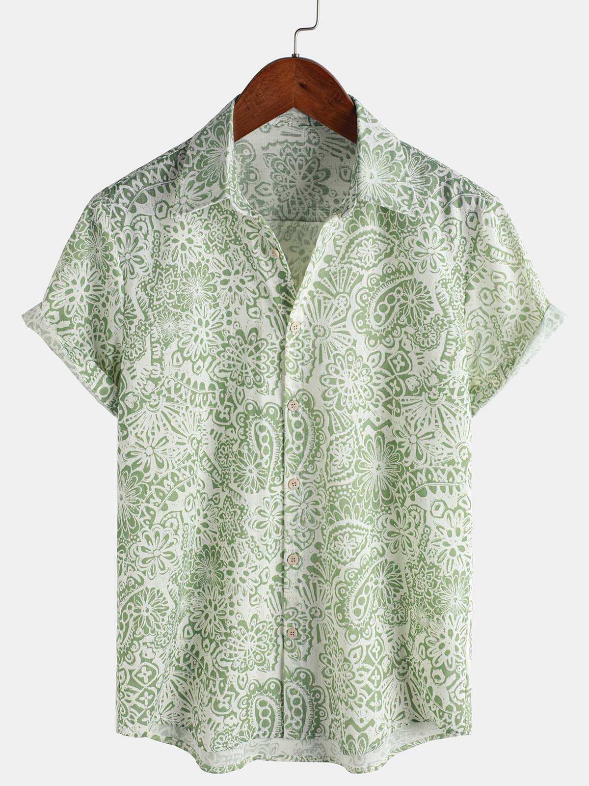 Chemise d'été boutonnée à manches courtes et motif floral vert pour homme