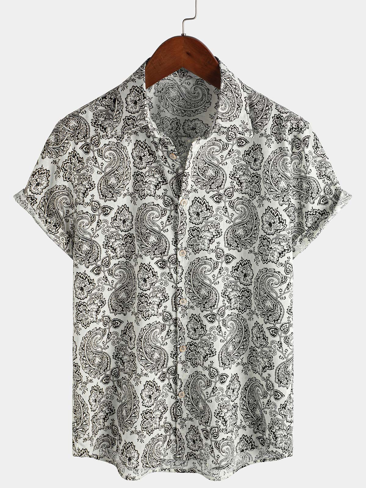 Chemise boutonnée d'été beige vintage à manches courtes pour homme