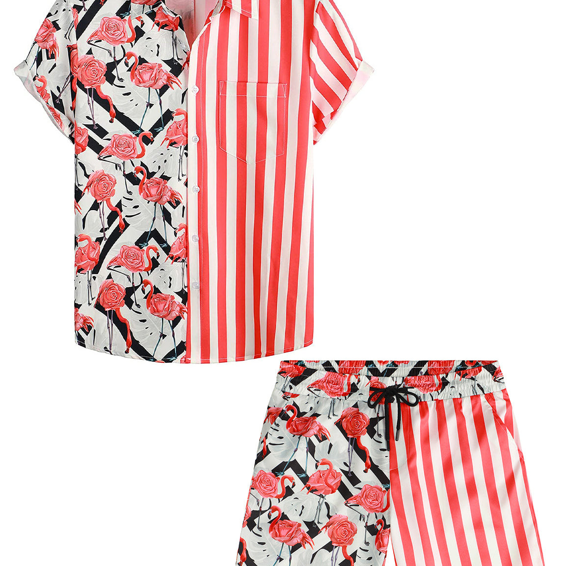 Costume de poche 2 pièces pour hommes, flamant rose et rayures rouges, ensemble chemise et short hawaïen