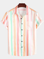 Chemise d'été à manches courtes pour hommes, rose et blanche, à rayures verticales, boutonnée, arc-en-ciel