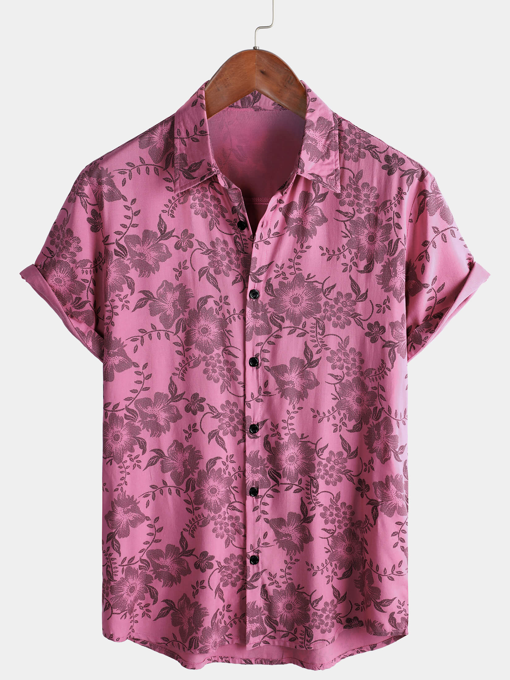 Chemise hawaïenne à manches courtes et boutons respirants à imprimé floral rose pour homme