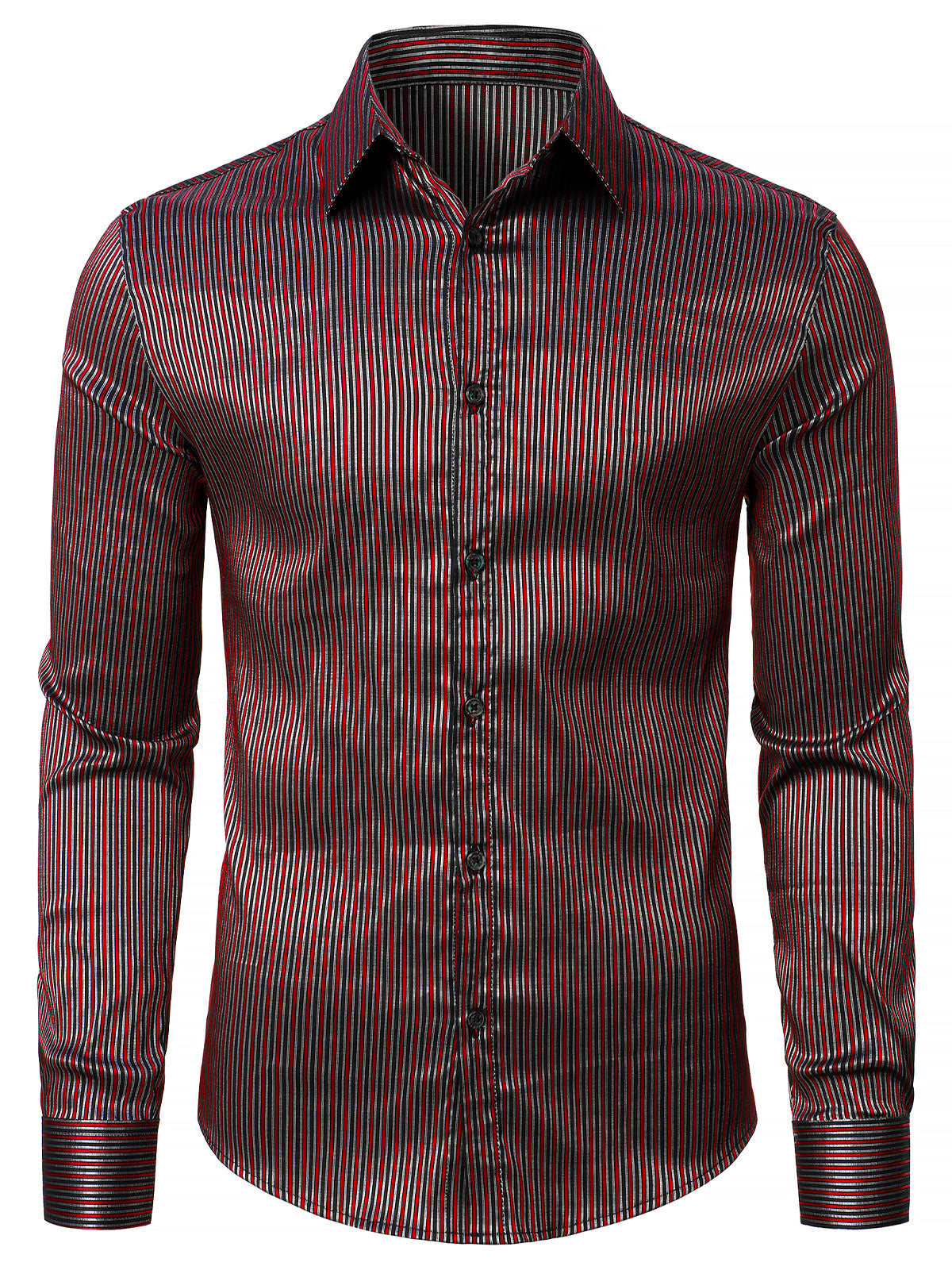 Chemise à manches longues en satin texturé rayé pour homme, coupe slim, sans plis, avec boutons