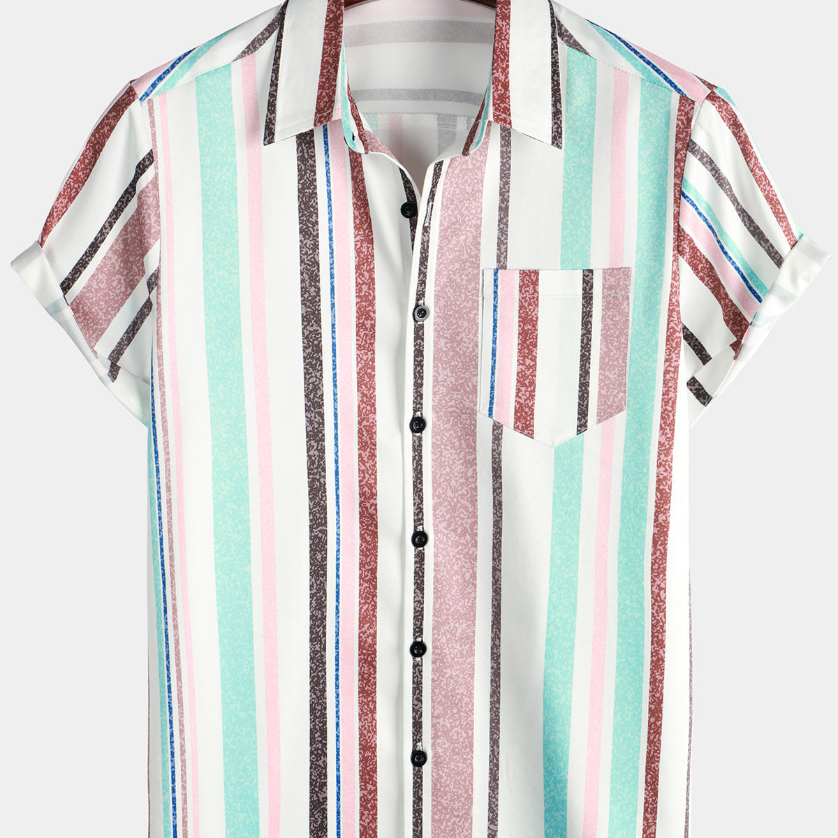 Chemise à manches courtes et poche à rayures arc-en-ciel verticales boutonnées colorées pour hommes