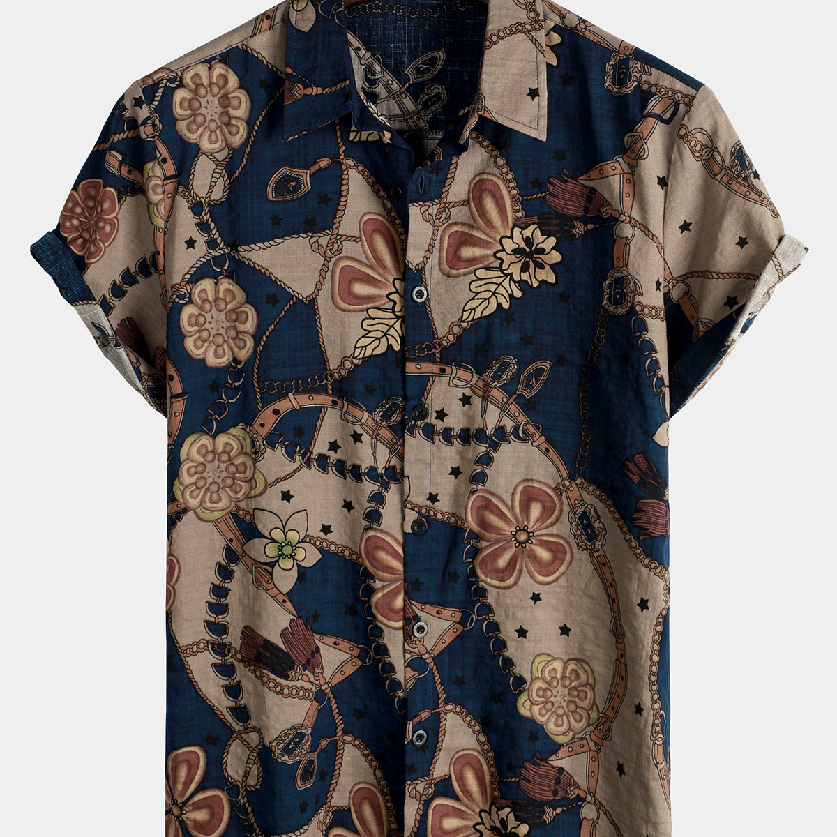 Chemise à manches courtes décontractée pour hommes, imprimé Floral Vintage, Patchwork d'été boutonné