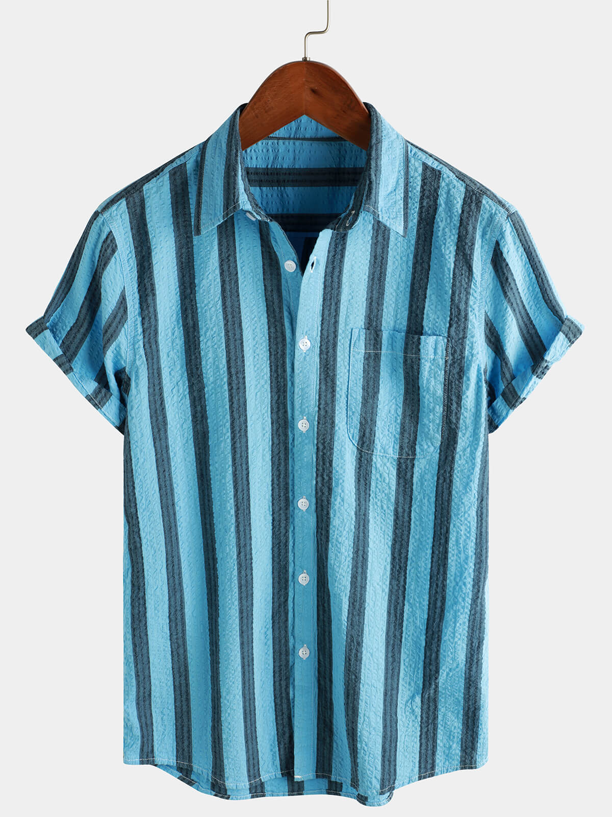 Chemise à manches courtes boutonnée pour hommes en coton rayé avec poche décontractée pour vacances hawaïennes