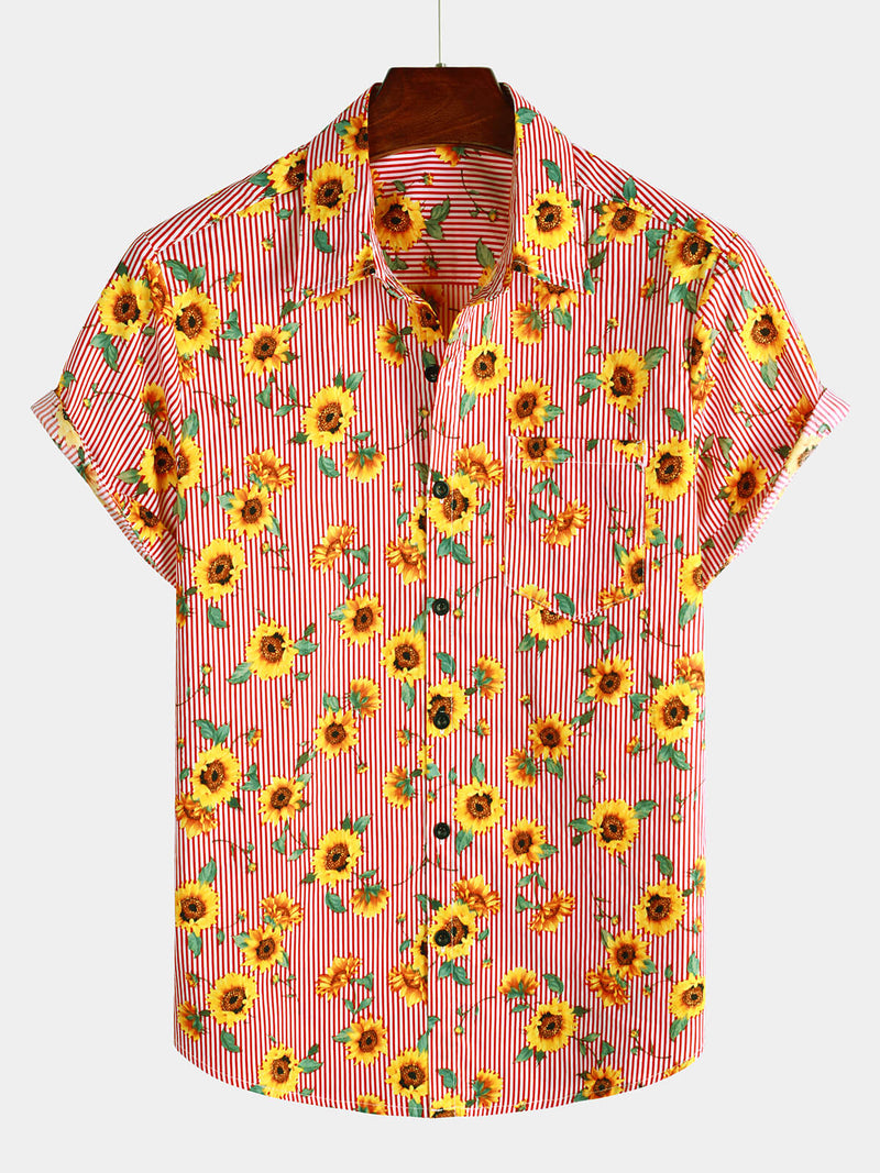 Chemise à manches courtes de vacances d'été hawaïenne à fleurs de tournesol à rayures pour hommes