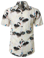 Chemise hawaïenne décontractée à manches courtes pour hommes en coton noir à imprimé cygne