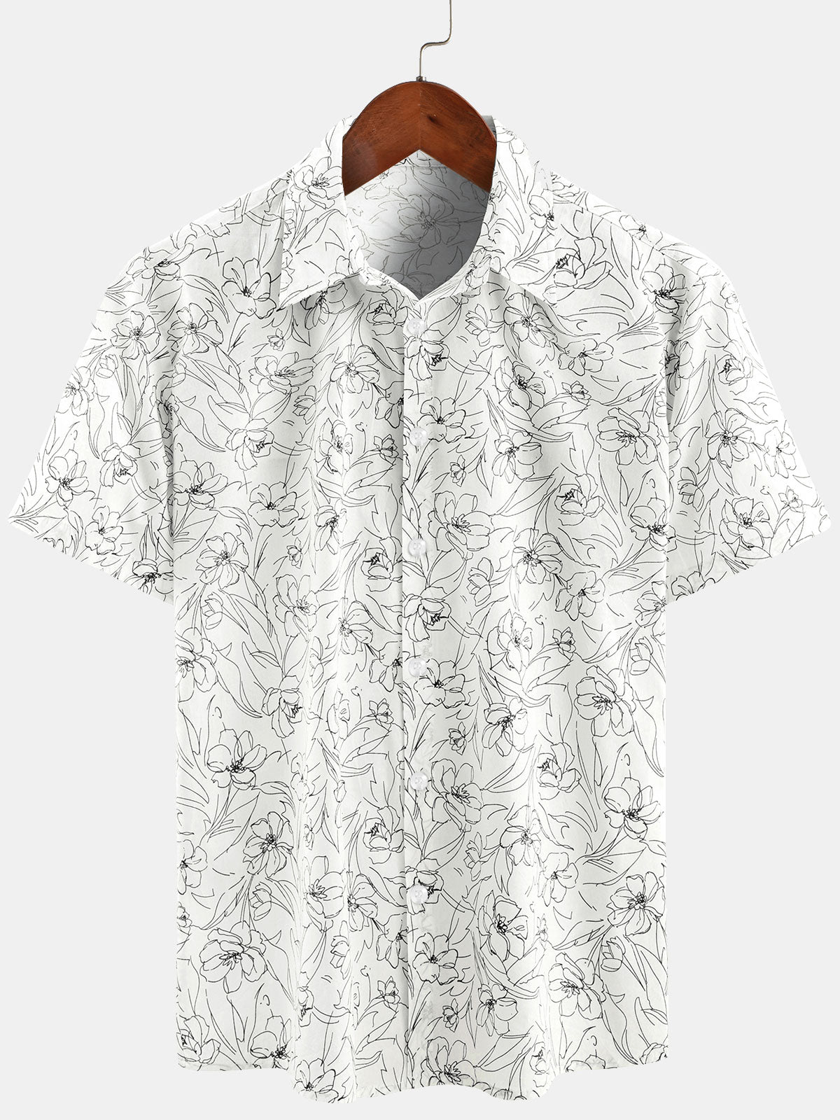 Chemise d'été décontractée à manches courtes en coton blanc à imprimé floral pour hommes
