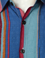 Hommes Été Rétro 70S Bleu Marine Vertical Rayé Cool Holiday Button Chemise à manches courtes