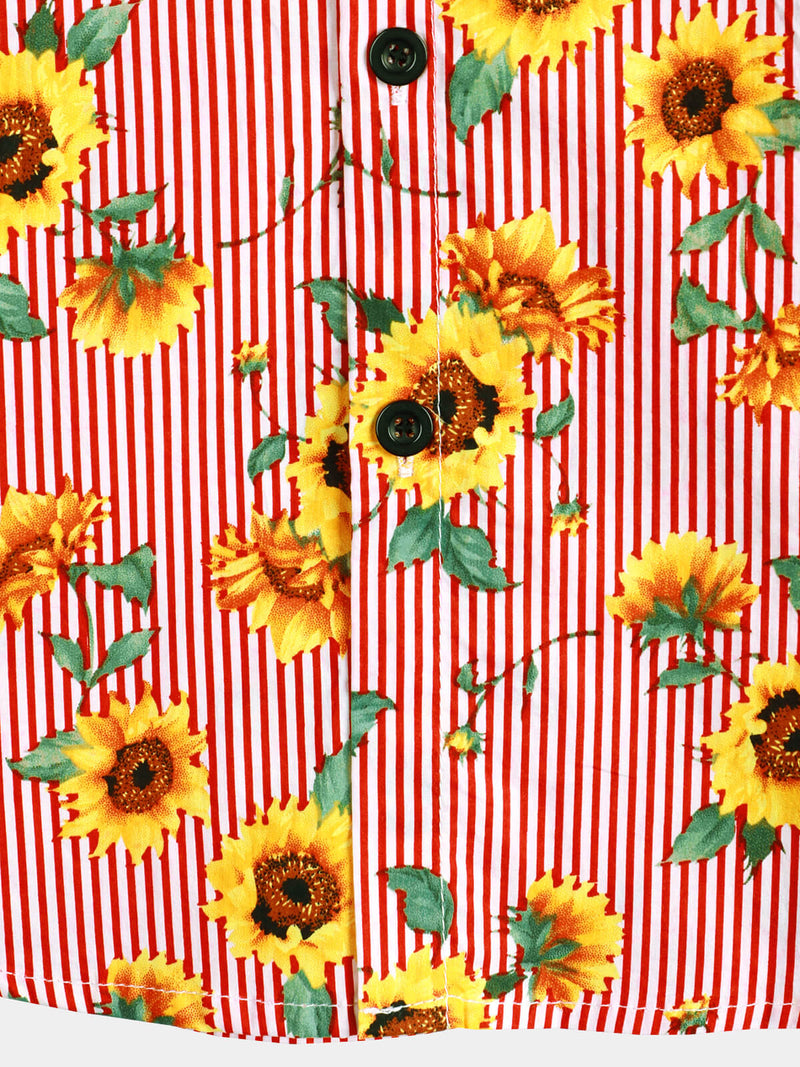 Chemise à manches courtes de vacances d'été hawaïenne à fleurs de tournesol à rayures pour hommes