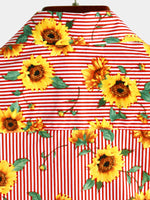 Chemise à manches courtes de vacances d'été hawaïenne à fleurs de tournesol à rayures pour hommes