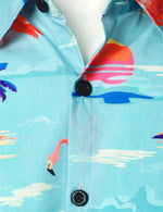 Chemise d'été à manches courtes en coton hawaïen bleu imprimé flamant rose à fleurs tropicales pour hommes