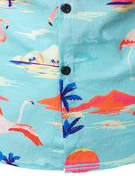 Chemise d'été à manches courtes en coton hawaïen bleu imprimé flamant rose à fleurs tropicales pour hommes