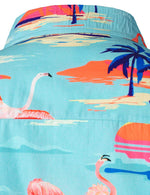 Chemise d'été à manches courtes en coton hawaïen bleu imprimé flamant rose à fleurs tropicales pour hommes