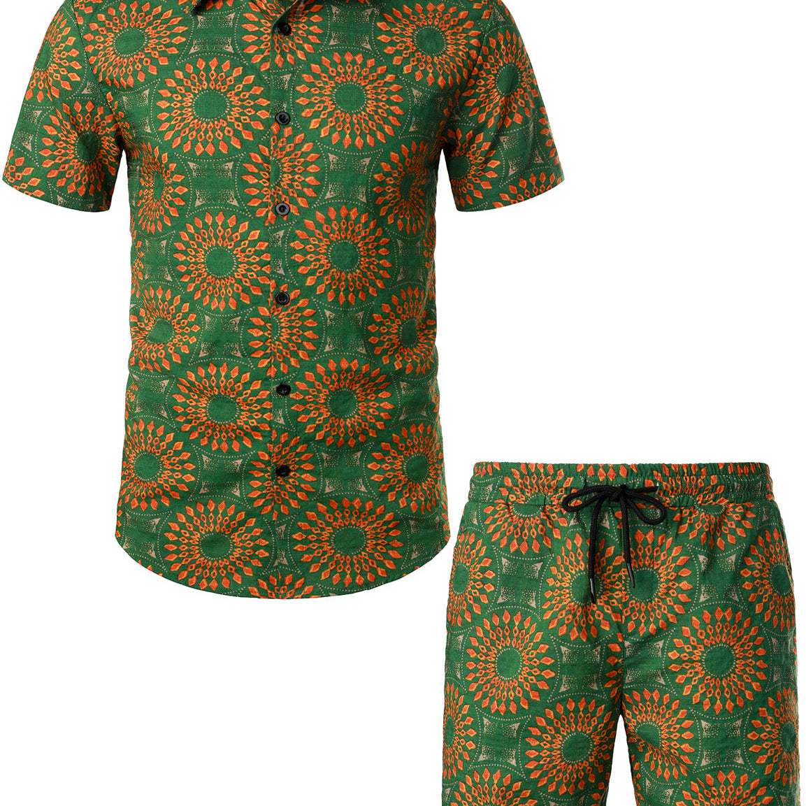 Ensemble chemise et short assortis vintage vert style bohème décontracté des années 70 pour hommes
